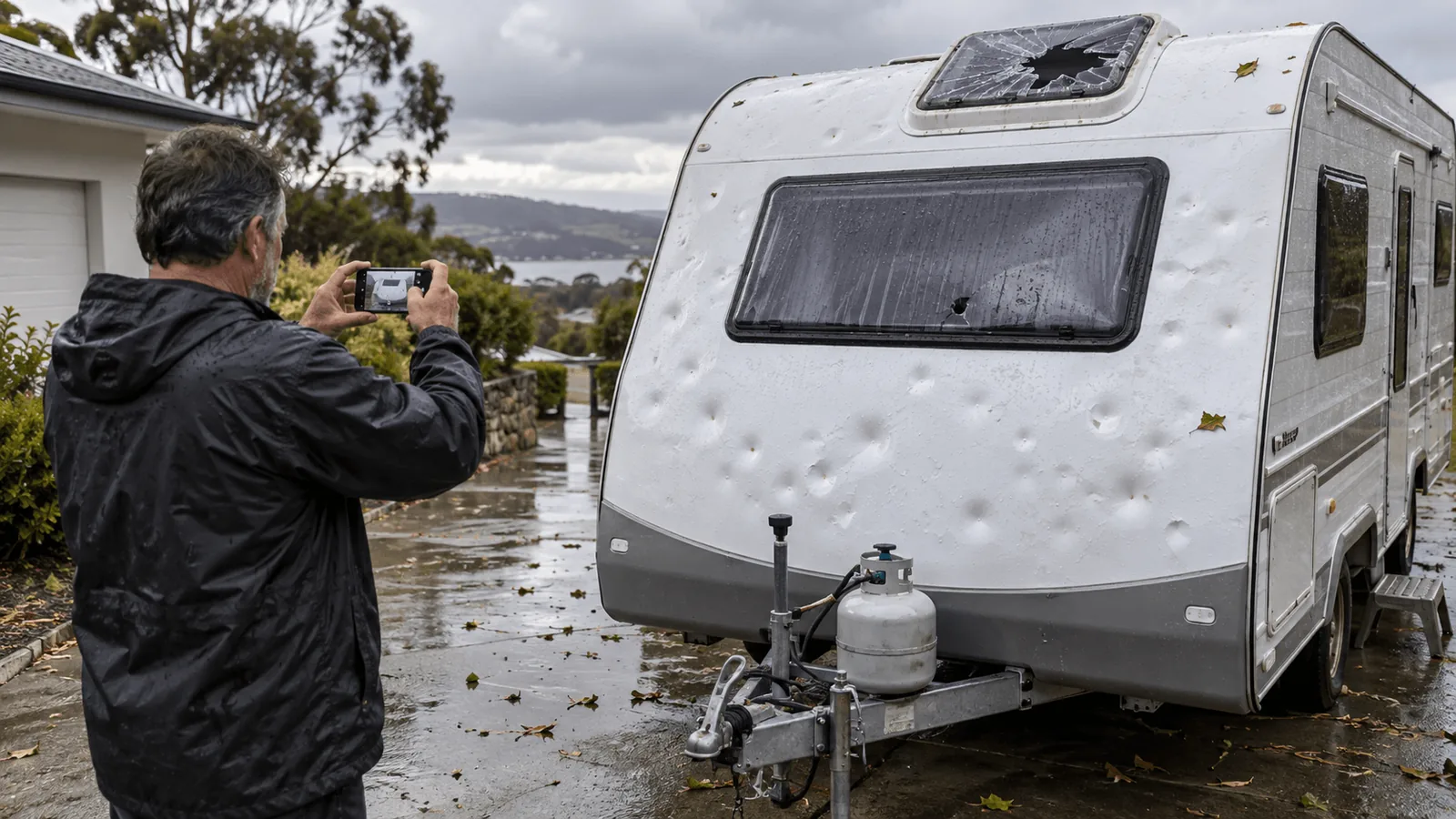 Caravan owner photographing hail damage on caravan roof and walls for an insurance claim