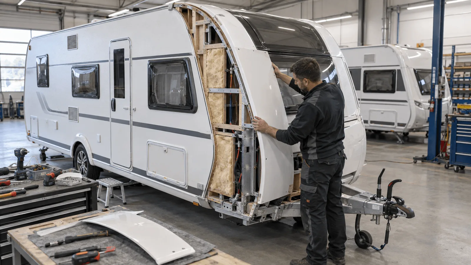 Caravan technician repairing accident damage to caravan wall panel in a repair workshop